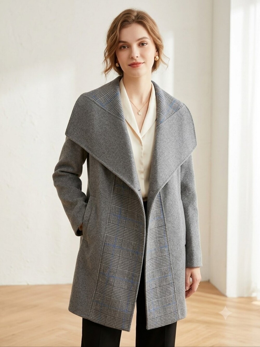 Tahari Grey Wide-Collar Plaid-Panel Trench Coat